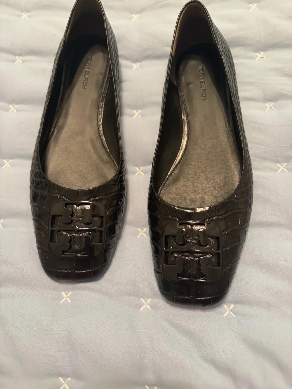 Tory Burch Black Croc-Embossed Patent Logo Ballet Flats